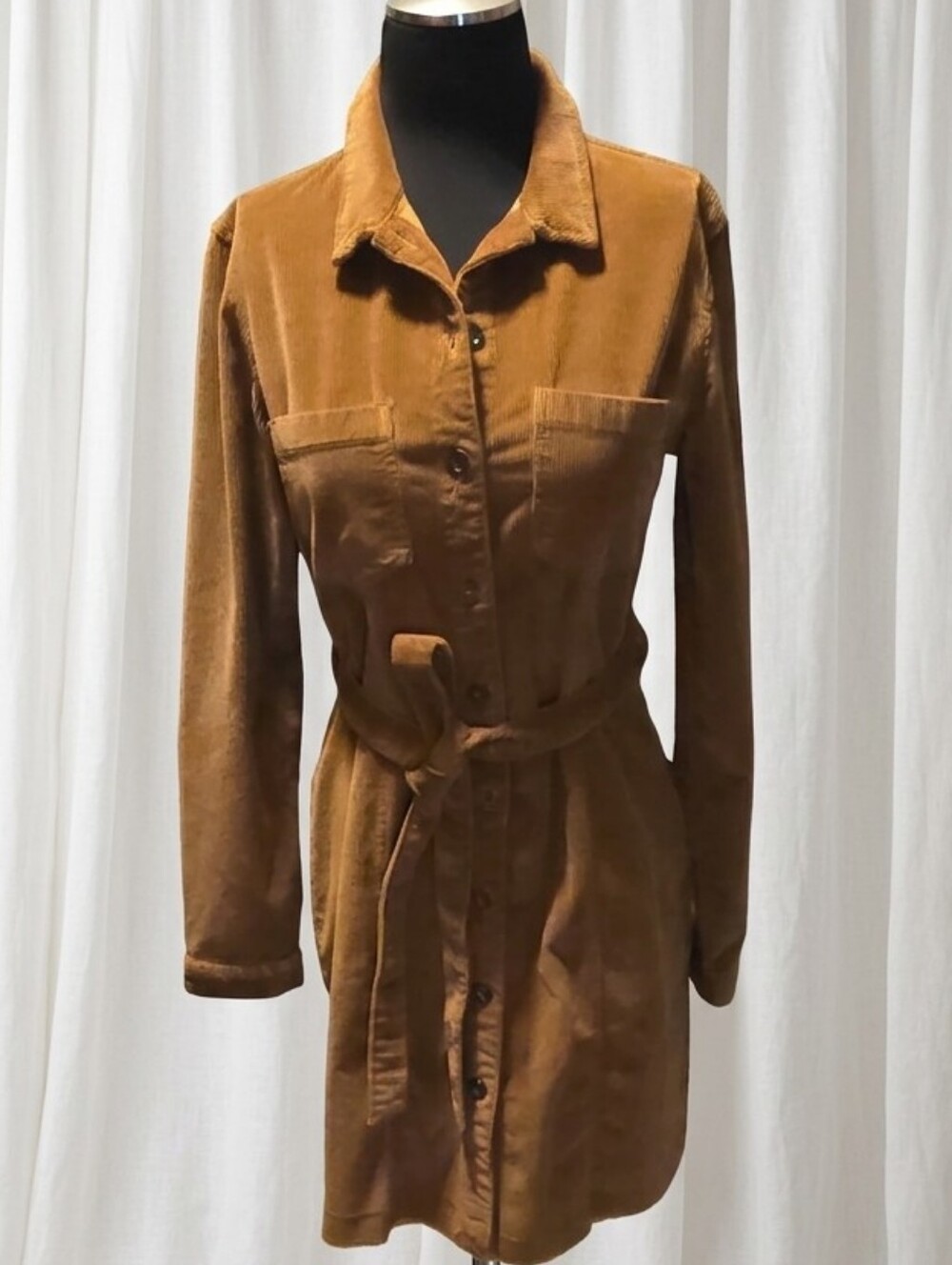 Bella Dahl Caramel Brown Corduroy Long-Sleeve Belted Shirt Dress.